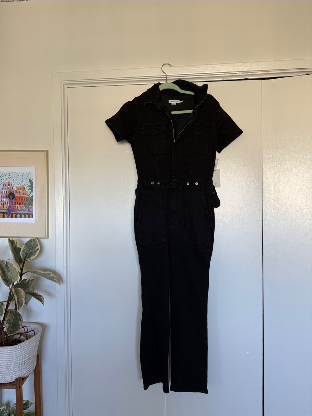 Good American Black Short-Sleeve Utility Jumpsuit with Belt
